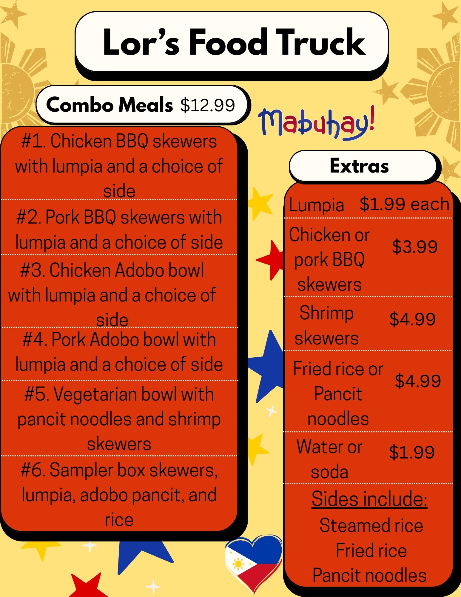 Current Lor's Philippine Cuisine menu